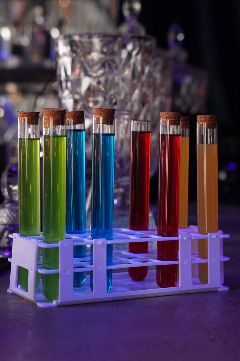 Colourful test-tube shots in a rack
