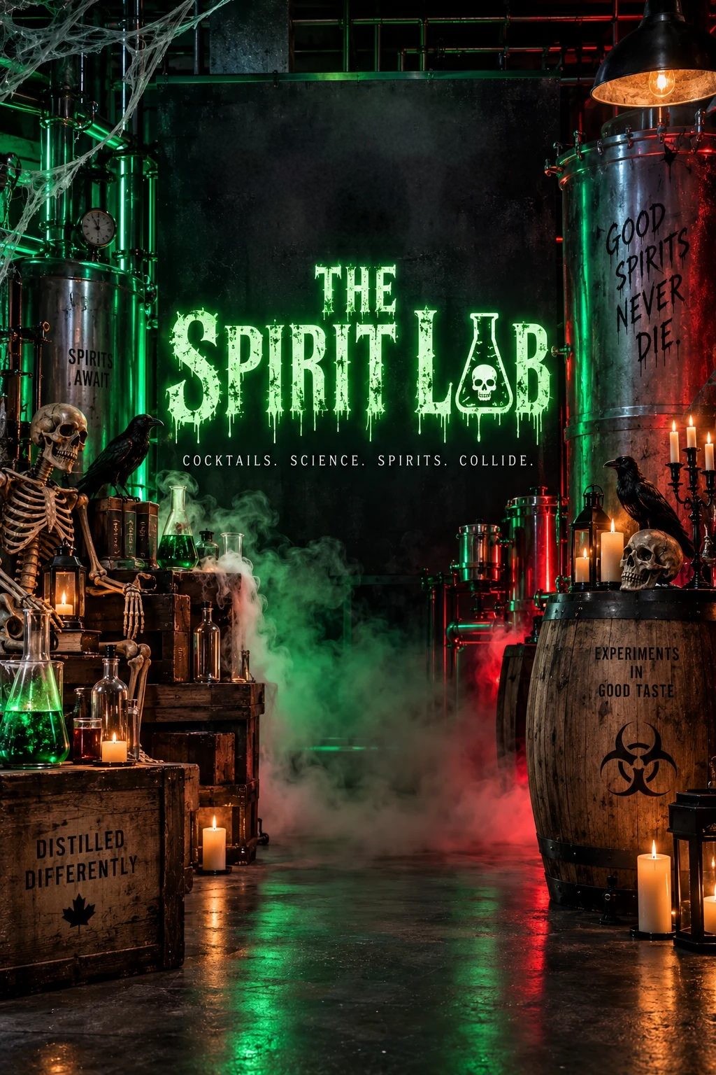 The Spirit Lab poster: a distillery set with skeletons, candles and green smoke